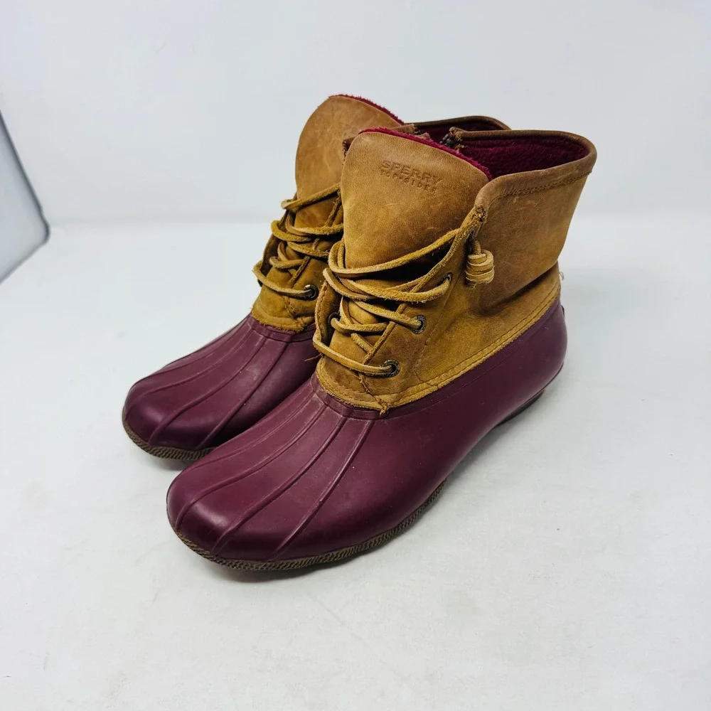 Sperry Saltwater Duck Boots Burgundy Tan Women 9 Waterproof Leather Fisherman